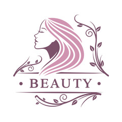 Elegant Beauty Salon Logo with Feminine Face Silhouette and Flowing Hair in Floral Style .