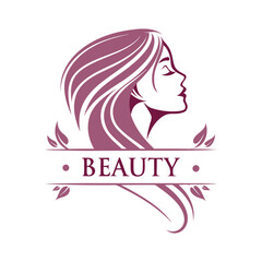 Elegant Beauty Salon Logo with Feminine Face Silhouette and Flowing Hair in Floral Style .