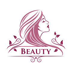 Elegant Beauty Salon Logo with Feminine Face Silhouette and Flowing Hair in Floral Style .