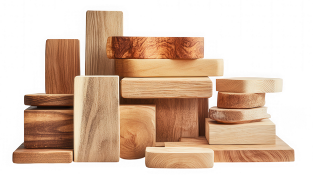 Assortment of wooden blocks stacked against a solid black background studio on transparent background