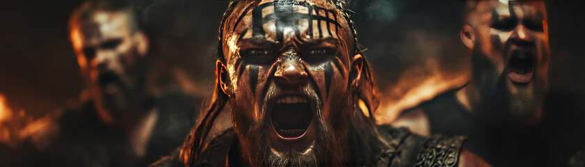 Fierce warriors with tribal face paint express intense emotions in dramatic setting, showcasing strength and power. fiery background enhances energy of scene