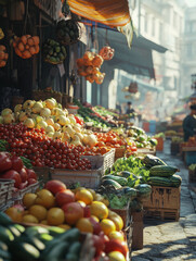 Vibrant local street market scene filled with colorful fruits and vegetables, showcasing fresh produce in wooden crates. atmosphere is lively and bustling, inviting shoppers to explore