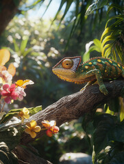 Vibrant chameleon rests on branch surrounded by colorful flowers in lush jungle setting, showcasing its unique colors and textures. sunlight filters through leaves, creating serene atmosphere