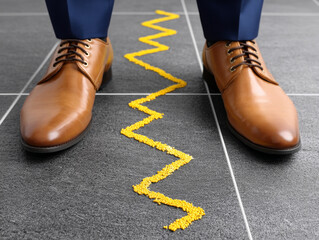Stylish brown shoes stand on dark tiled floor, with zigzag pattern made of yellow grains creating striking visual contrast. This captures unique blend of fashion and creativity