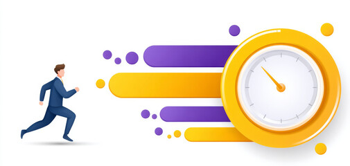 Dynamic illustration showcasing man in suit running towards clock, symbolizing urgency and time management. vibrant colors and motion lines enhance sense of speed and efficiency