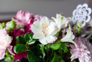 Fresh colorful bouquet with pink chrysanthemum, roses and white lilies close-up