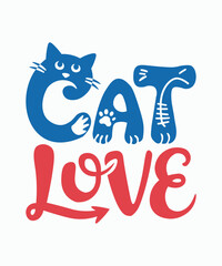 Cat Love Typography Illustration in Blue and Red Playful Letters with Cat Whiskers and Paw Prints Graphic Design for Apparel, Posters, Stickers and Social Media Merchandising