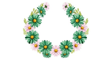 Floral wreath watercolor flower frame border green flowers pink flowers daisy flowers botanical illustration art