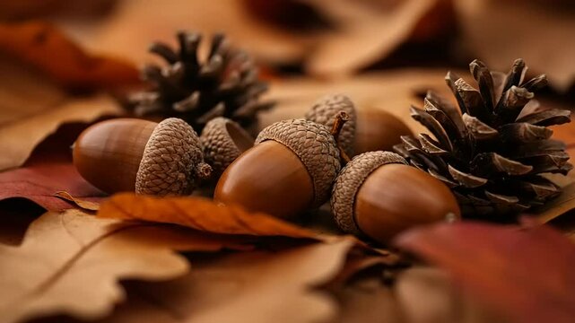 Close-up of acorns and pine cones on autumn leaves