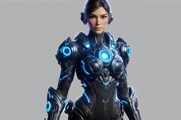Strong Female Sci-Fi Character in Futuristic Battle Gear with Intricate Textures and Isolated Lighting