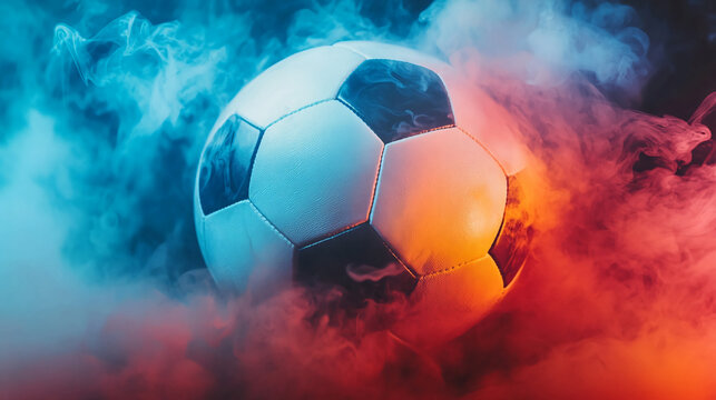 Soccer ball in smoke background sports equipment football game play competition match team sport 3d render - Powered by Adobe