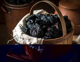 Dried plums in wooden basket