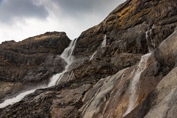Bow Glacier Falls Water Streams Down to Bow Lake, Majestic Scenery, Banff, Alberta, Canada