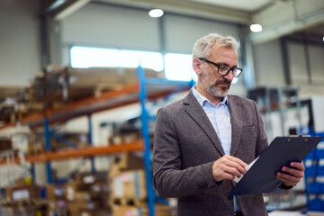 Professional Warehouse Manager Reviewing Documents in a Logistic Environment