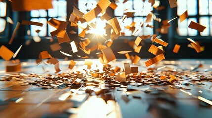 confetti frozen in time mid-burst, light catching sharp fragments mid-flight, industrial ceiling structures visible, soft backlight casting long shadows, floor reflections showing color motion