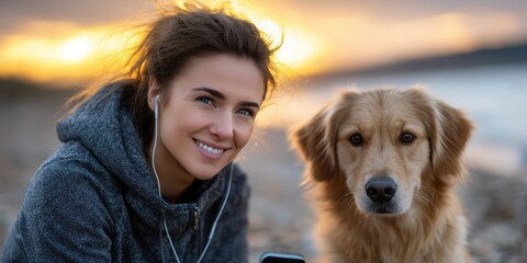 Woman smiles with her golden retriever at sunset on a beach while listening to music on her phone