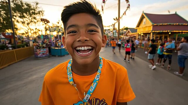 Joyful young boy with bright smile enjoying a vibrant festive atmosphere at an amusement park