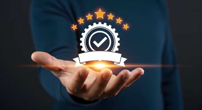 Hand holding a glowing quality assurance badge with five stars signifying top-notch service and excellent product review ratings.