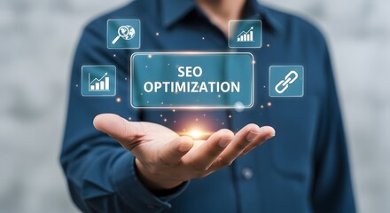 Man's hand displays SEO optimization concept featuring keywords, search engine, and link building for improved online presence and higher rankings.