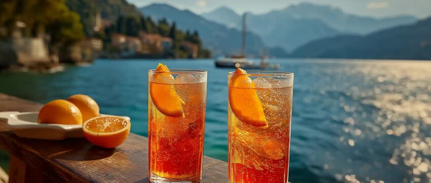 With a lake and mountains in the background, two glasses of aperol spritz cocktail.