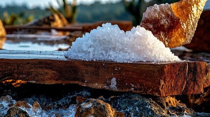 Fototapeta premium Salt harvesting process in nature closeup photo of salt crystals on wooden surface beautiful environment