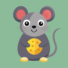 Cute Rat Mouse Holding Cheese – Flat Cartoon Vector Icon Illustration of Animal Concept Isolated
