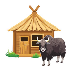 Powerful Musk Ox By Simple Wooden Hut