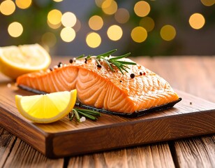Roasted salmon fillet on wooden board