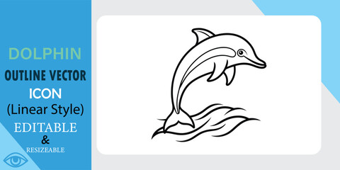 Linear style dolphin vector icon. Editable and resizable outline graphic of a dolphin leaping from the water. Simple, clean design.