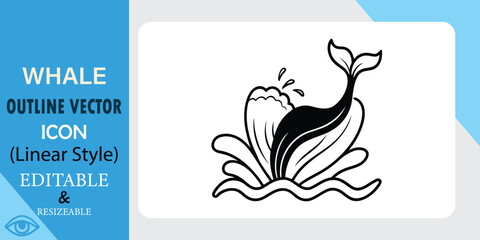 A simple, linear style vector icon of a whale breaching the ocean surface. The design is editable and resizable, perfect for various uses.