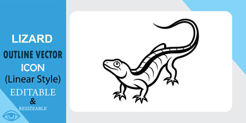 Black and white linear style lizard vector icon. Simple, editable, and scalable design.