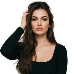 Fototapeta premium Beautiful woman with long brown hair isolated on transparent background