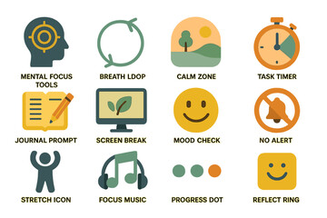 Mental focus tools icons for mindfulness and productivity