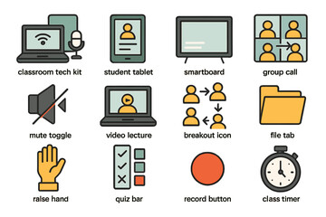 Classroom technology icons including smartboard, student tablet, and video lecture