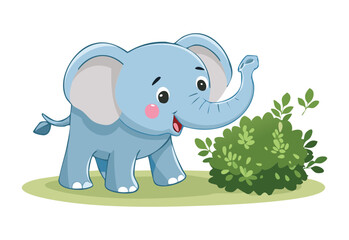 Happy Blue Elephant Walking Near Bushes