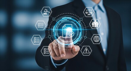 Businessperson interacts with digital document management system interface showing legal compliance and global network security