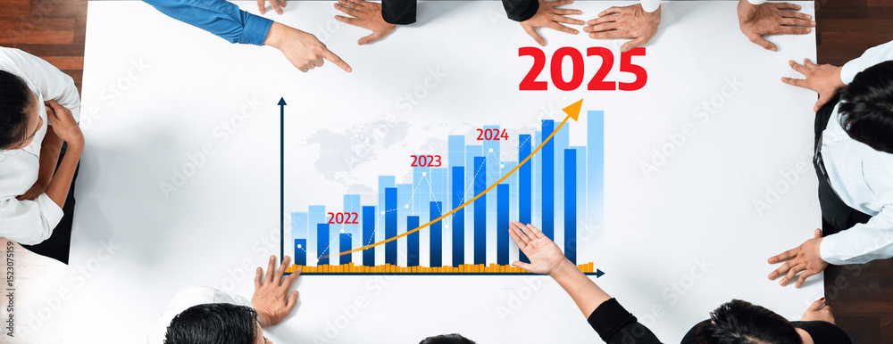 Poster A diverse team examines a growth strategy chart projecting trends from 2022 to 2025. This image captures collaboration for effective business planning and analysis. Amity
