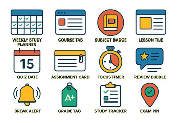 Educational interface icons set: study planner, course tab, subject badge, lesson tile