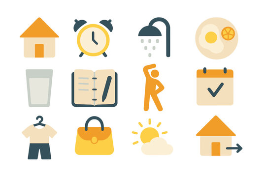 Morning routine icons: exercise, breakfast, planning essentials for a productive day