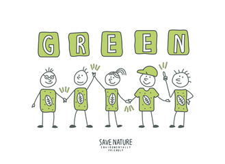 Vector hand drawn cartoon sketch of environmentally conscious humans. Volunteer people take care about planet ecology. Protect nature and ecology banner. Environmentally friendly planet Concept.