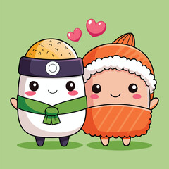 Cute Sushi Couple Friend Characters – Cartoon Vector Icon Illustration Pack of Food Concept Isolated Flat Design
