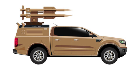 Double cabin pickup car missile vehicle military weapon rocket launcher vector illustration
