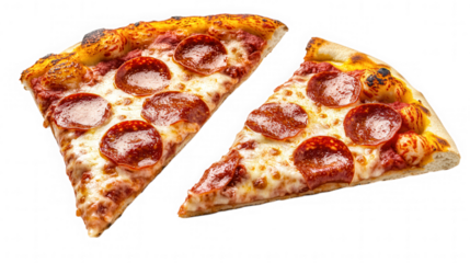 Two slices of pepperoni pizza with melted cheese on a black background view on transparent background