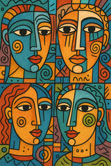 Four Abstract Faces in a Vibrant Geometric Design