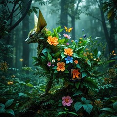 Fantasy Forest Creature Made of Flowers and Leaves with Futuristic Elements, sustainability images