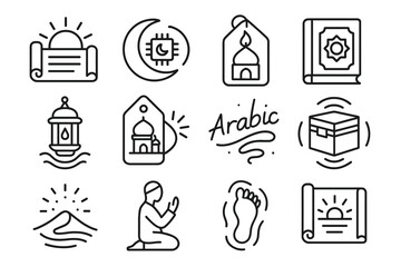 Islamic symbols: mosque, quran, prayer, ramadan lantern, arabic calligraphy icons
