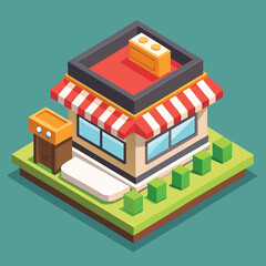 Isometric Sushi Shop Building – Flat Cartoon Japanese Food Architecture Vector Illustration