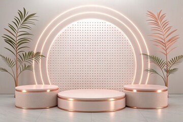 Minimalist rose gold podium illuminated with LED lights, clean and modern product display setup 
