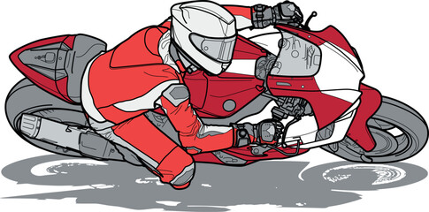 Motorcycle racer rally biker britva moto - hand draw, perfect single line drawing, colored illustration, red 