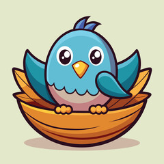 Cute Bird Sitting in Nest – Flat Cartoon Vector Icon Illustration of Animal and Nature Concept Isolated
